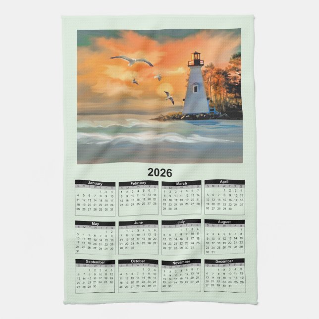 2026 Calendar of a White Lighthouse in Sunset Kitchen Towel (Vertical)