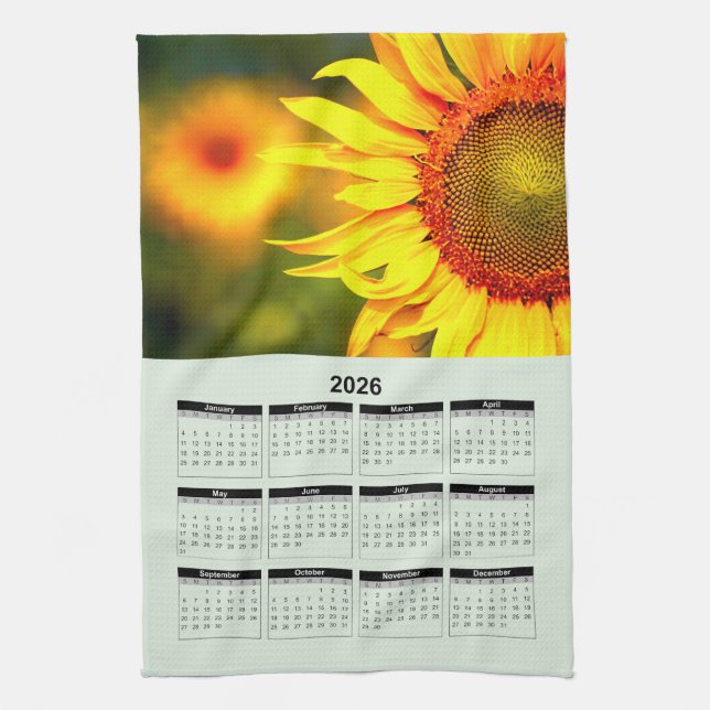 2026 Calendar of Beautiful Yellow Sunflower Kitchen Towel (Vertical)