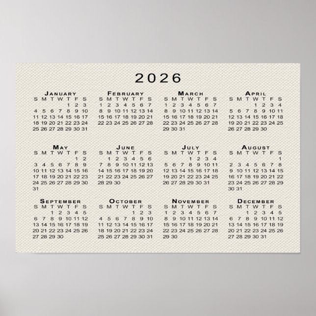 2026 Calendar on Faux Canvas Texture Template Poster (Front)
