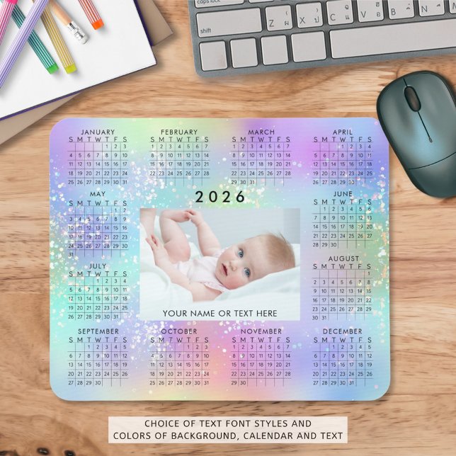 2026 Calendar One Photo Rainbow Glitter Mouse Pad (Creator Uploaded)