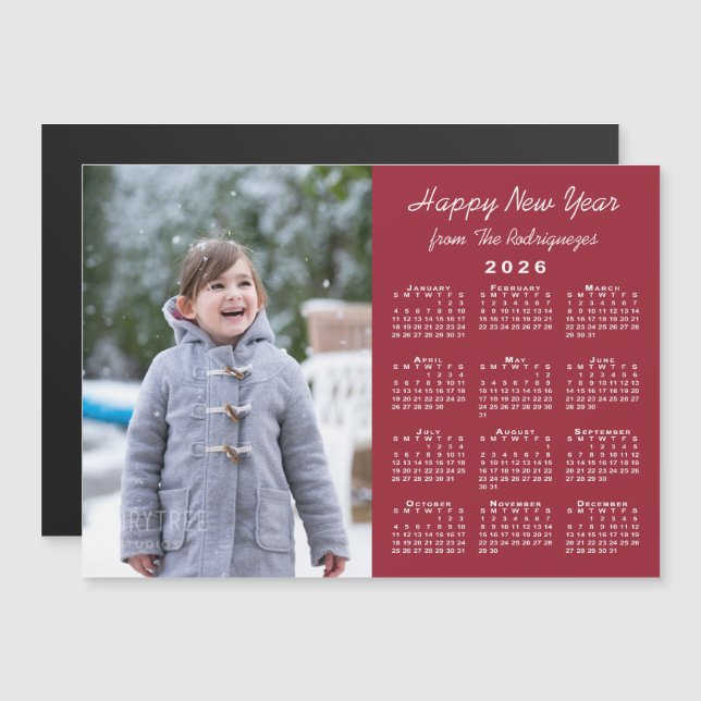 2026 Calendar Photo Happy New Year Burgundy Magnet (Front/Back)
