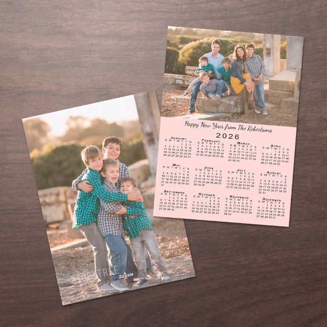 2026 Calendar Pink 2 Custom Photos Happy New Year Holiday Card (2026 Calendar Pink 2 Custom Photos Happy New Year Holiday Card, front/back)