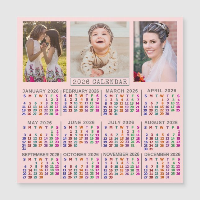 2026 Calendar Pink Family Photo Collage Magnet (Front)