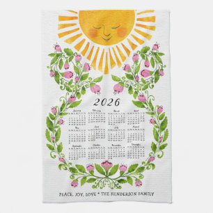 2026 Calendar Pink Flowers Cute Sun Floral Kitchen Towel