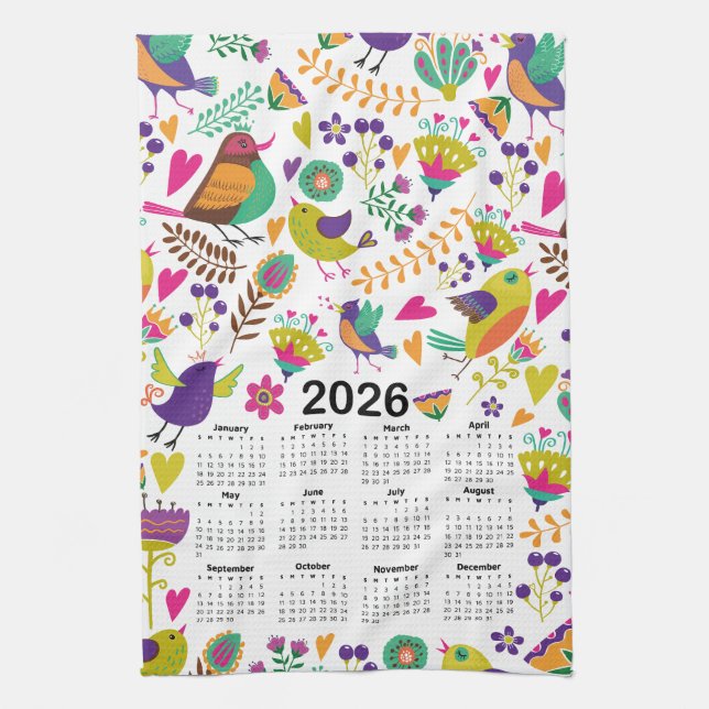 2026 Calendar Pink & Purple Birds and Flowers Kitchen Towel (Vertical)