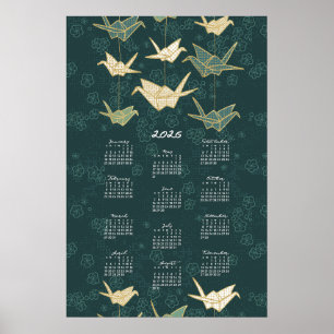 2026 Calendar Poster origami Cranes Green and Gold