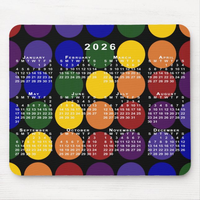 2026 Calendar Pride Rainbow Polka Dots on Black Mouse Pad (Front)
