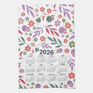 2026 Calendar Purple and Red Floral Pattern Kitchen Towel