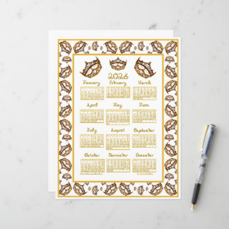 2026 Calendar Queen Hearts Gold Crown Fabric Font