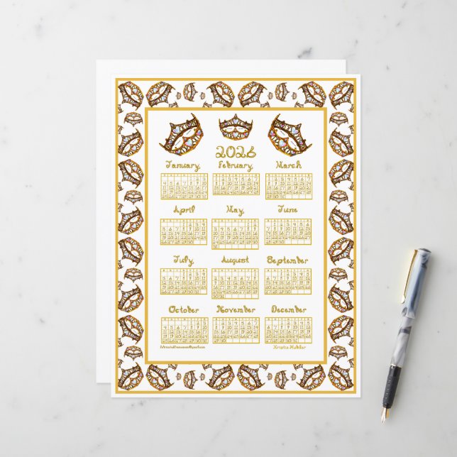 2026 Calendar Queen Hearts Gold Crown Fabric Font (Front/Back In Situ)