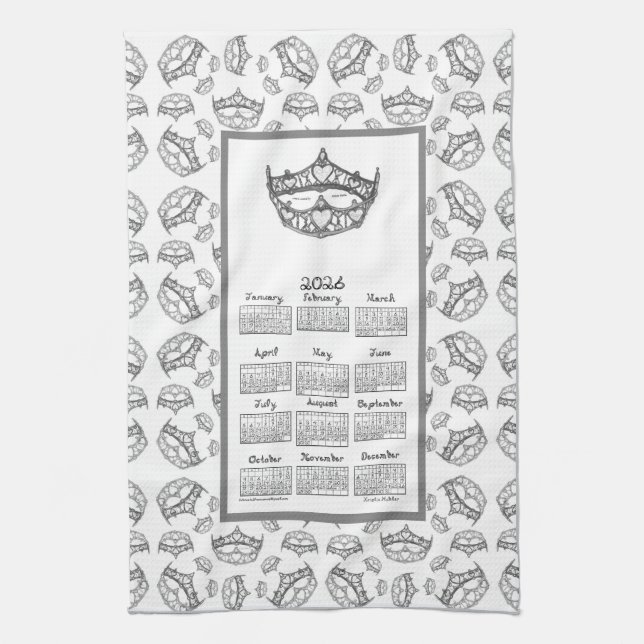 2026 Calendar Queen of Hearts Silver Tiara Fabric  Kitchen Towel (Vertical)