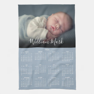 2026 Calendar Script Name Photo Dusty Blue Kitchen Towel