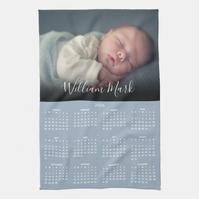 2026 Calendar Script Name Photo Dusty Blue Kitchen Towel (Vertical)