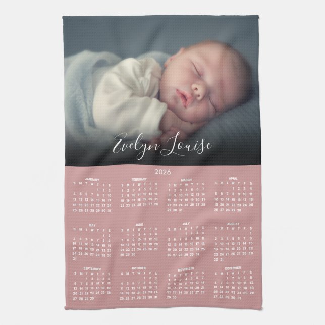 2026 Calendar Script Name Photo Dusty Rose Pink Kitchen Towel (Vertical)