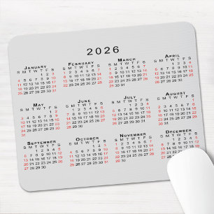 2026 Calendar Simple Grey Black Red Mouse Pad