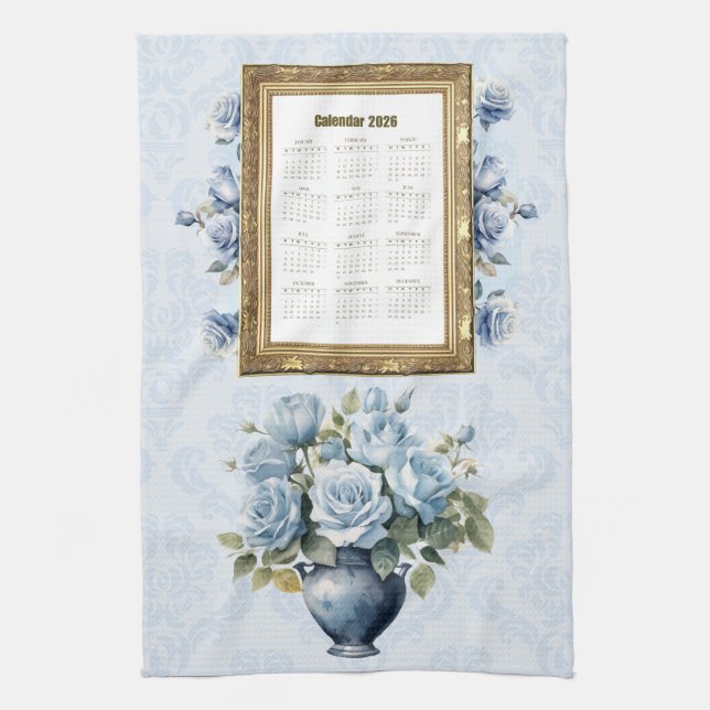 2026 Calendar Towel Blue Rose Kitchen Towel (Vertical)