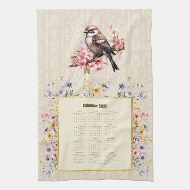 2026 Calendar Towel Sparrow with Wildflowers (Vertical)