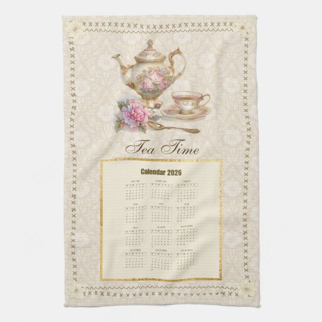 2026 Calendar Towel Tea Time or Custom Message (Vertical)