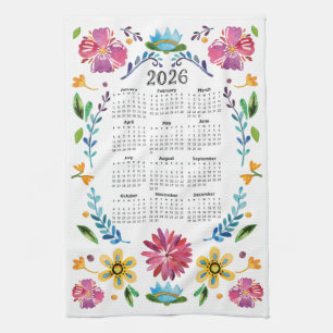 2026 Calendar Traditional Mexican Floral Folk Art Kitchen Towel