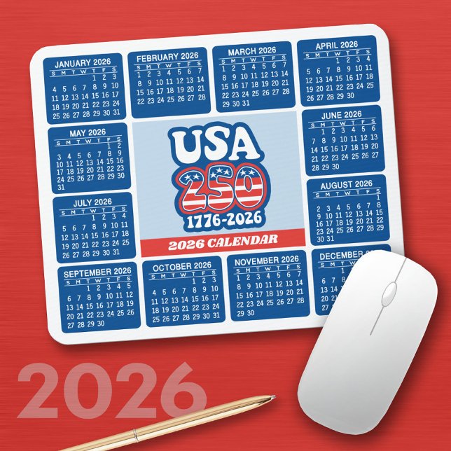 2026 Calendar - USA 250 Red White Blue Mouse Pad (2026 Calendar on a Mousepad)