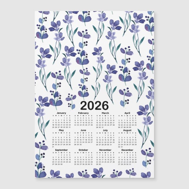 2026 Calendar Watercolor Blue Floral Pattern (Front)