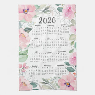 2026 Calendar Watercolor Blush Pink Floral Kitchen Towel
