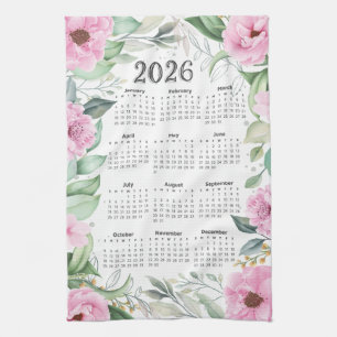 2026 Calendar Watercolor Eucalyptus Pink Floral Kitchen Towel