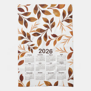2026 Calendar Watercolor Fall Leaves Pattern Kitchen Towel