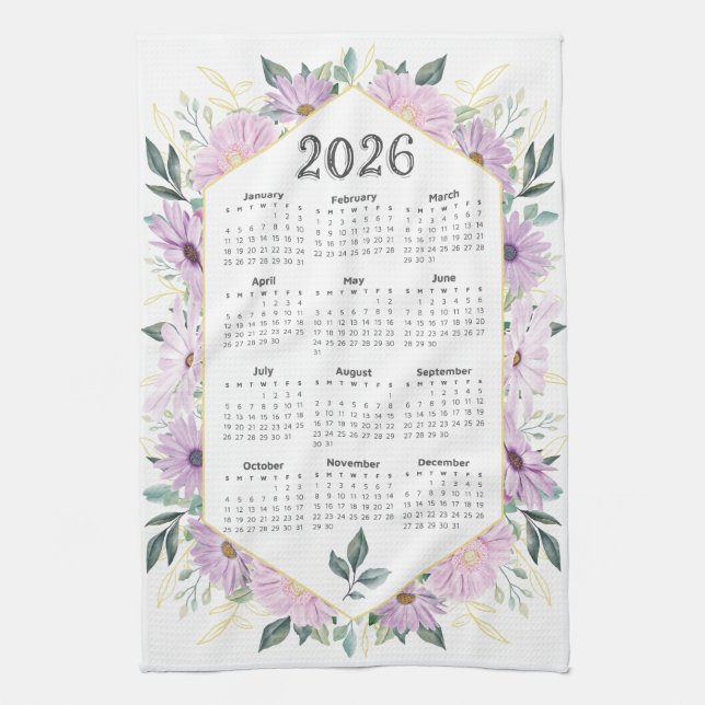 2026 Calendar Watercolor Purple Botanical Greenery Kitchen Towel (Vertical)