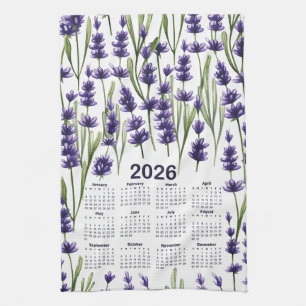2026 Calendar Watercolor Purple Lavender Flowers Kitchen Towel