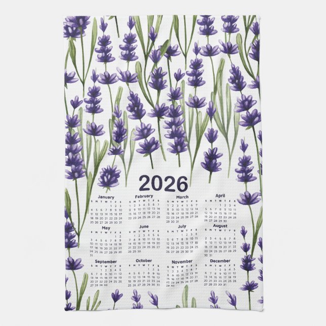 2026 Calendar Watercolor Purple Lavender Flowers Kitchen Towel (Vertical)
