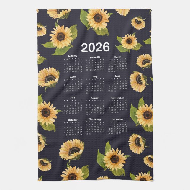 2026 Calendar Watercolor Sunflowers Pattern Kitchen Towel (Vertical)