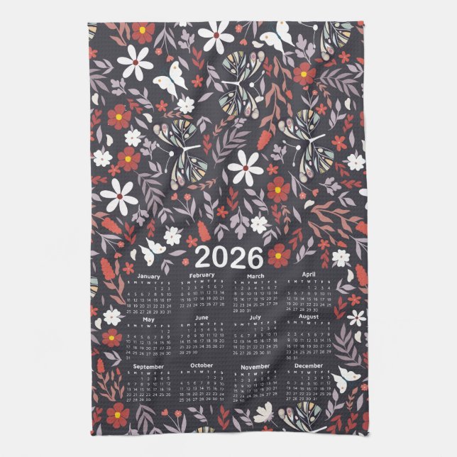 2026 Calendar Whimsical Floral and Butterfly Kitchen Towel (Vertical)