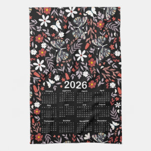 2026 Calendar Whimsical Floral & Butterfly Black Kitchen Towel