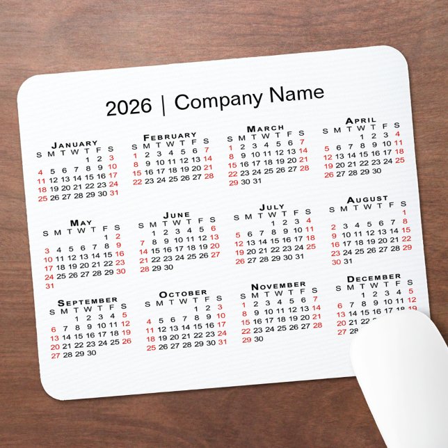 2026 Calendar with Company Name on White Mouse Pad (2026 Calendar with Company Name on White Mouse Pad, in situ)