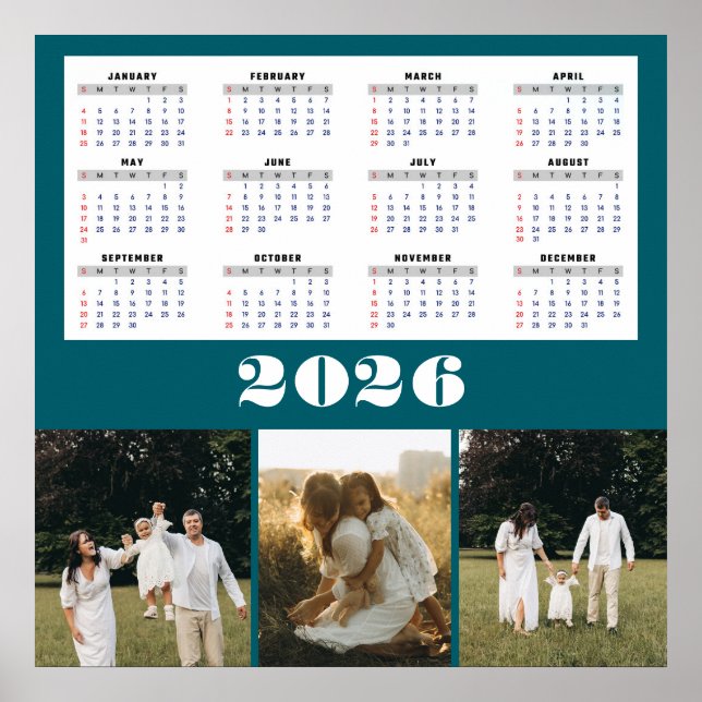 2026 Calendar with Teal Background  Poster (Front)