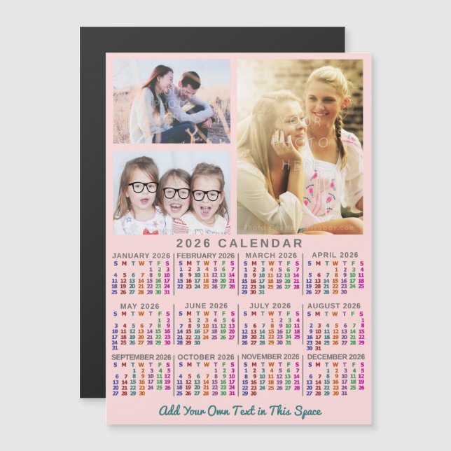 2026 Calendar Year Colorful Pink Custom 3 Photos Magnetic Invitation (Front/Back)