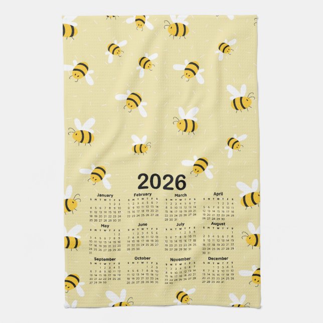 2026 Calendar Yellow Honey Bumble Bee Pattern Kitchen Towel (Vertical)