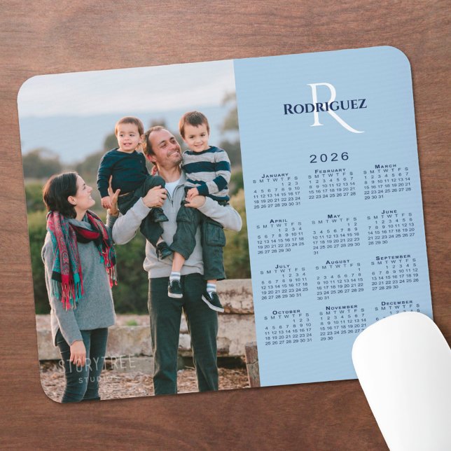 2026 Calendar Your Photo Monogram Name Light Blue Mouse Pad (2026 Calendar Your Photo Monogram Name Light Blue Mouse Pad, in situ)