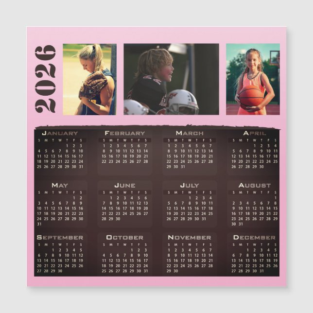 2026 Calendrier 3 Photo Collage Magnet Card (Devant)