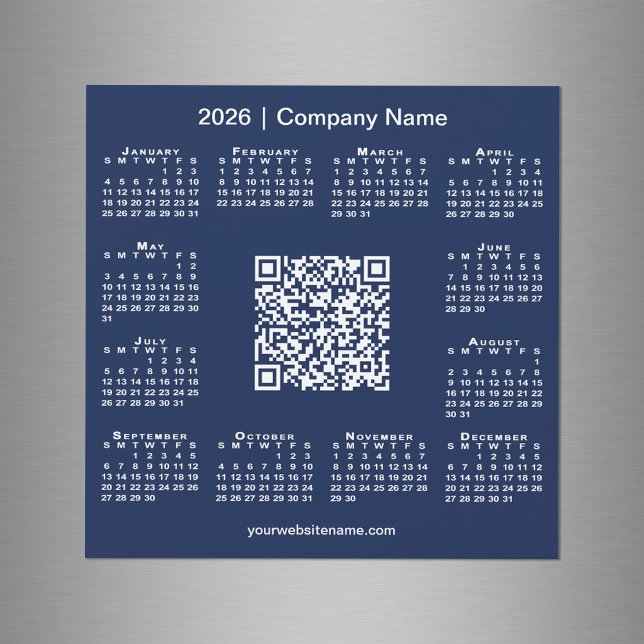 2026 Calendrier Custom Business QR Code Magnet Mar (2026 Calendar Custom Business QR Code Navy Magnet in situ)