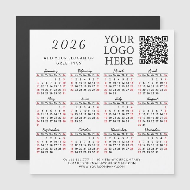 2026 Calendrier Magnet Business QR Code Entreprise (Devant / Derrière)