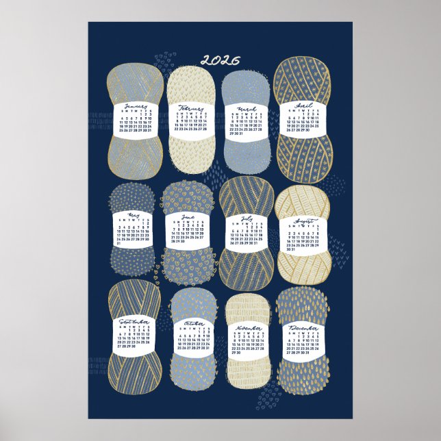 2026 Calendrier Poster Bleu et Or (Devant)