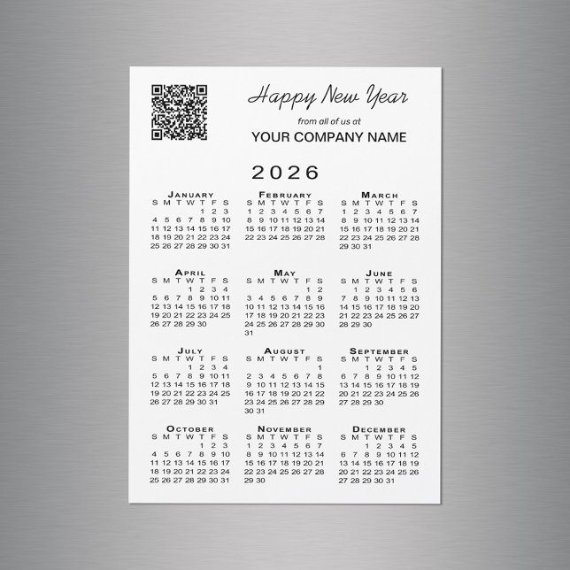 2026 Calendrier QR Code carte magnétique pour les  (2026 Calendar QR Code Business Holiday Magnet Card in situ)