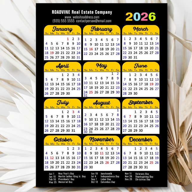 2026 Calendrier US Holidays Simple Business Magnet (Créateur téléchargé)