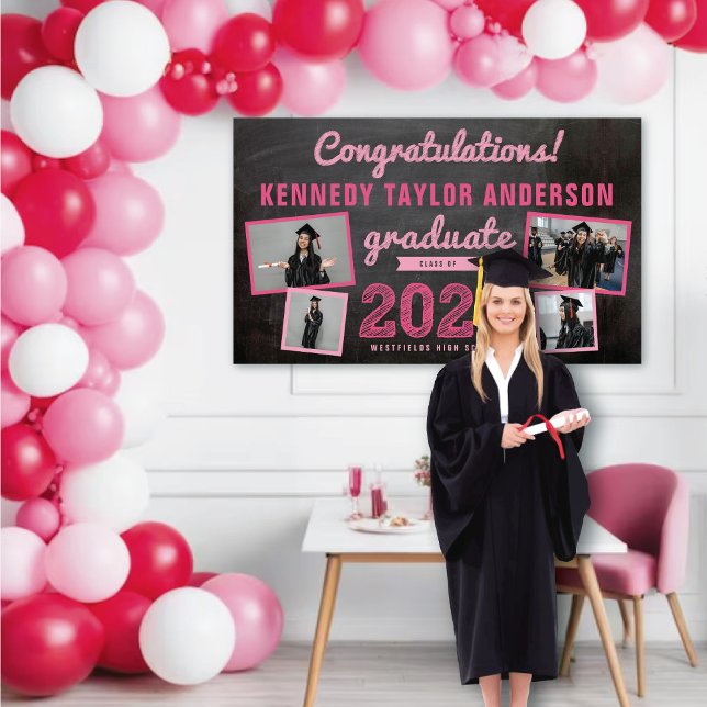 2026 Chalkboard Sketch 4 Photo Graduation Party Banner (20YY Black Chalkboard Fuchsia Sketch 4 Photo Graduation Party Banner @ www.zazzle.com/color_therapy)