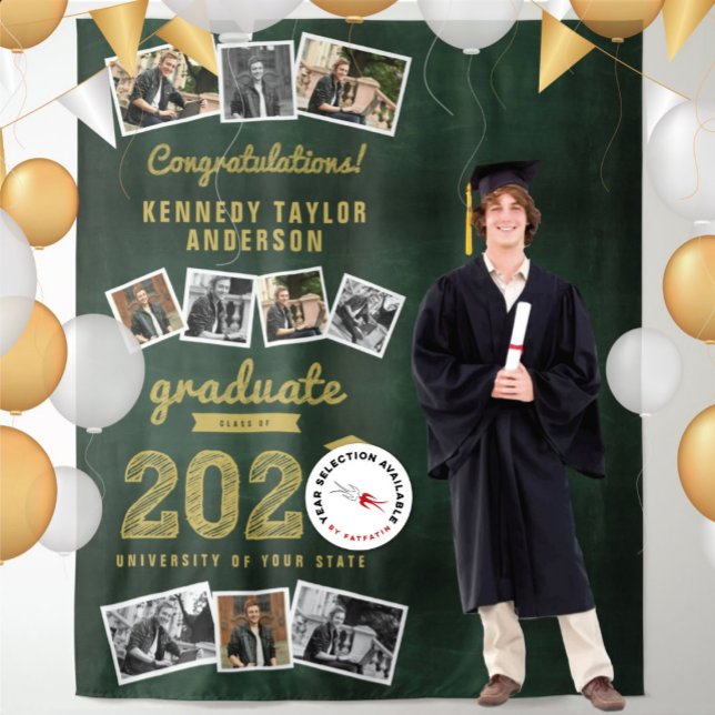 2026 Chalkboard Sketch Graduate 10 Photo Backdrop Tapestry (20YY Gold Sketch Green Chalkboard Graduation Party 9 Photo Backdrop @ www.zazzle.com/color_therapy)