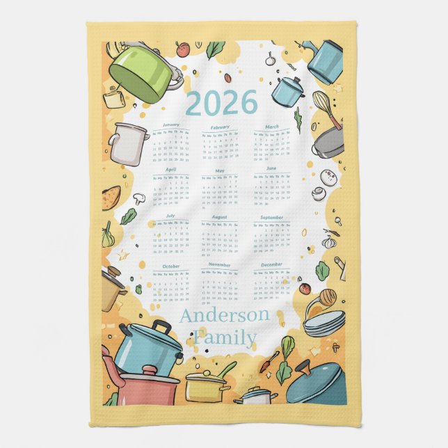 2026 Colourful Kitchen Cookware Theme Calendar  Towel (Vertical)