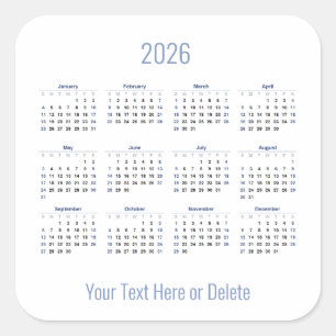 2026 Custom Text at Bottom Monthly Calendar     Square Sticker