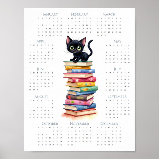 2026 Cute Black Kitten Book Stack 1-Page Calendar Poster (Front)